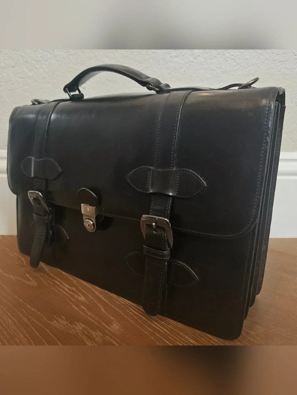 Classic Black Leather Briefcase With Shoulder Strap - Men Or Womens Work Bag